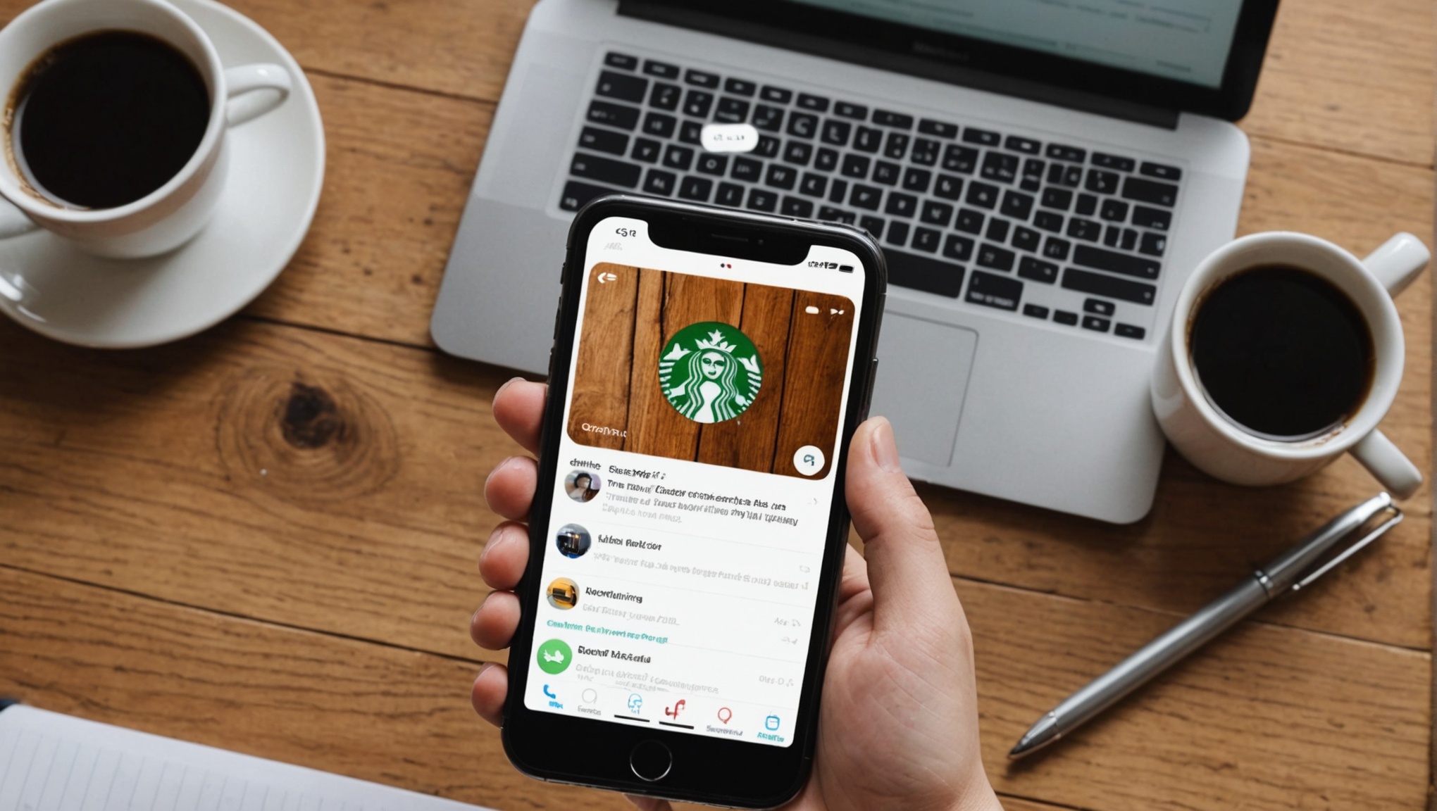 Рабочий стол с кофе, смартфоном, отображающим аккаунт Starbucks в соцсети, лэптоп и ручка.