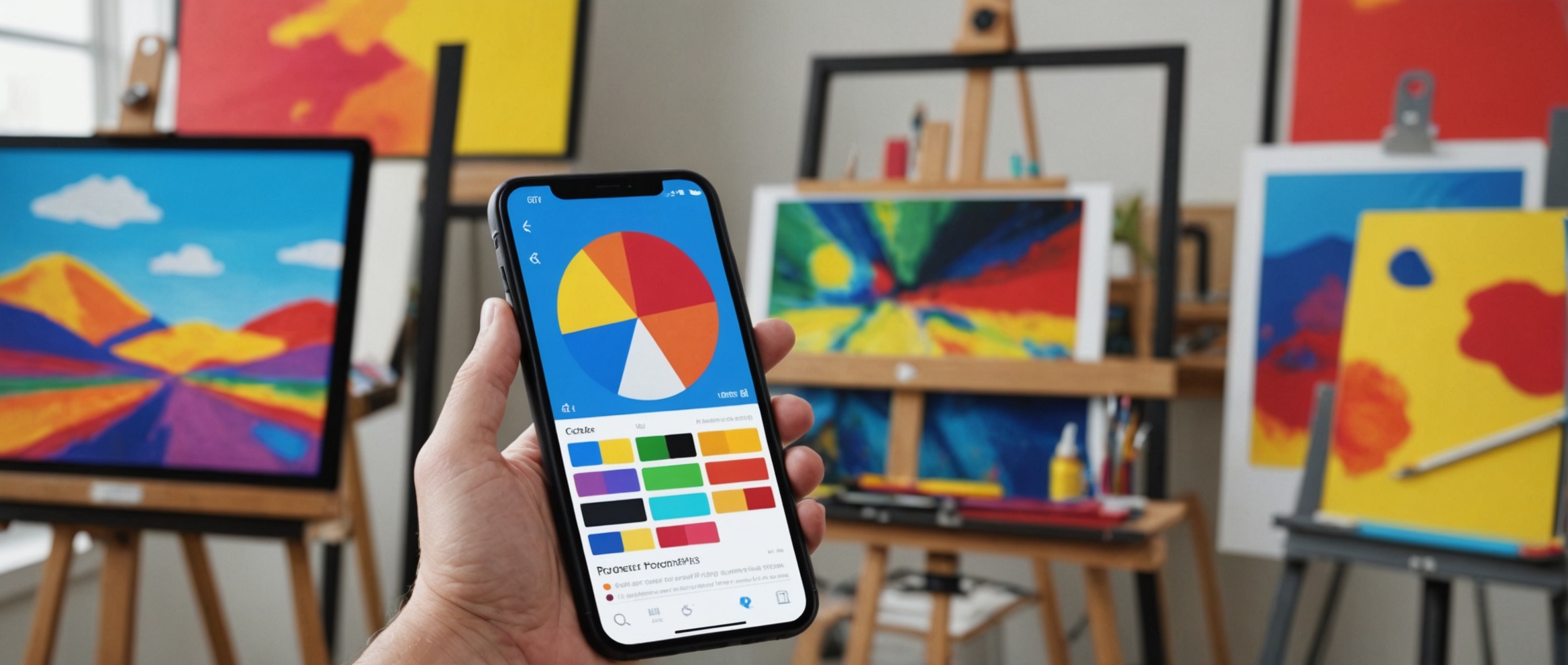 Рука держит смартфон с приложением для цветовых палитр на фоне ярких картин в арт-студии.