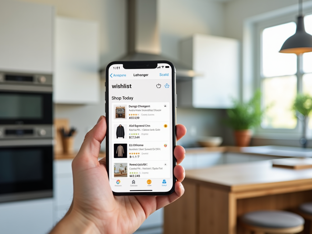 Рука держит смартфон, отображающий список желаемых товаров ко дню покупок, на заднем плане кухня.
