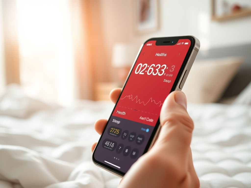 На изображении смартфон с приложением для мониторинга здоровья и сна на фоне уютной спальни.