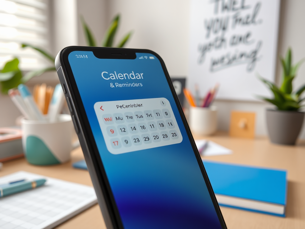 На телефоне открыт календарь с напоминаниями, виден интерфейс с датами и днями недели.